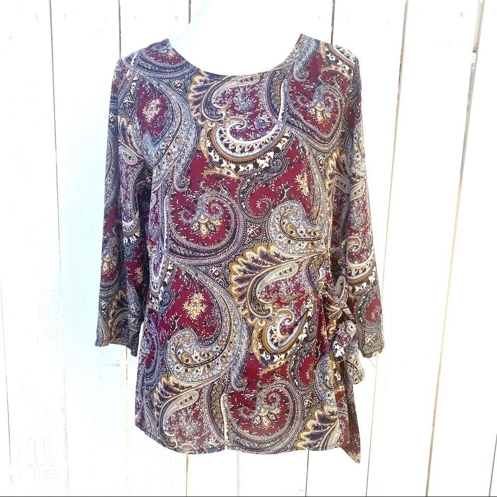 Dressbarn Paisley Blouse Medium Burgundy Side Tie 3/4 Sleeve Top‎